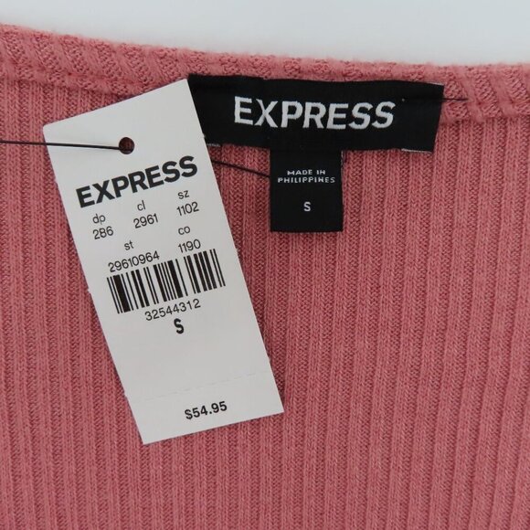 Express Women Small Pink Ribbed V Neck Wrap Long Sleeve Bodysuit One Piece NEW - Picture 7 of 10
